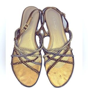 Talbots Metallic Gold Leather Braided Crisscross Straps Flat Sandal Narrow Sz 8